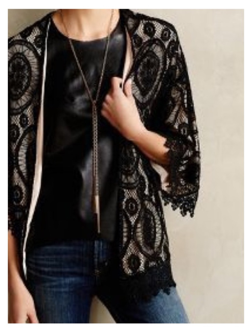 Anthropologie Sunday in Brooklyn Boho Black Lace Kimono Cardigan Lined Large